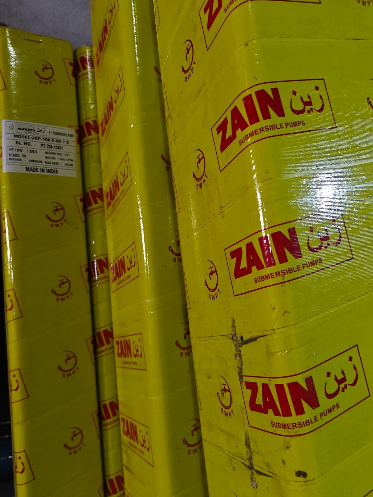 Boxed Zain submersible pumps showing the printed model and rating label