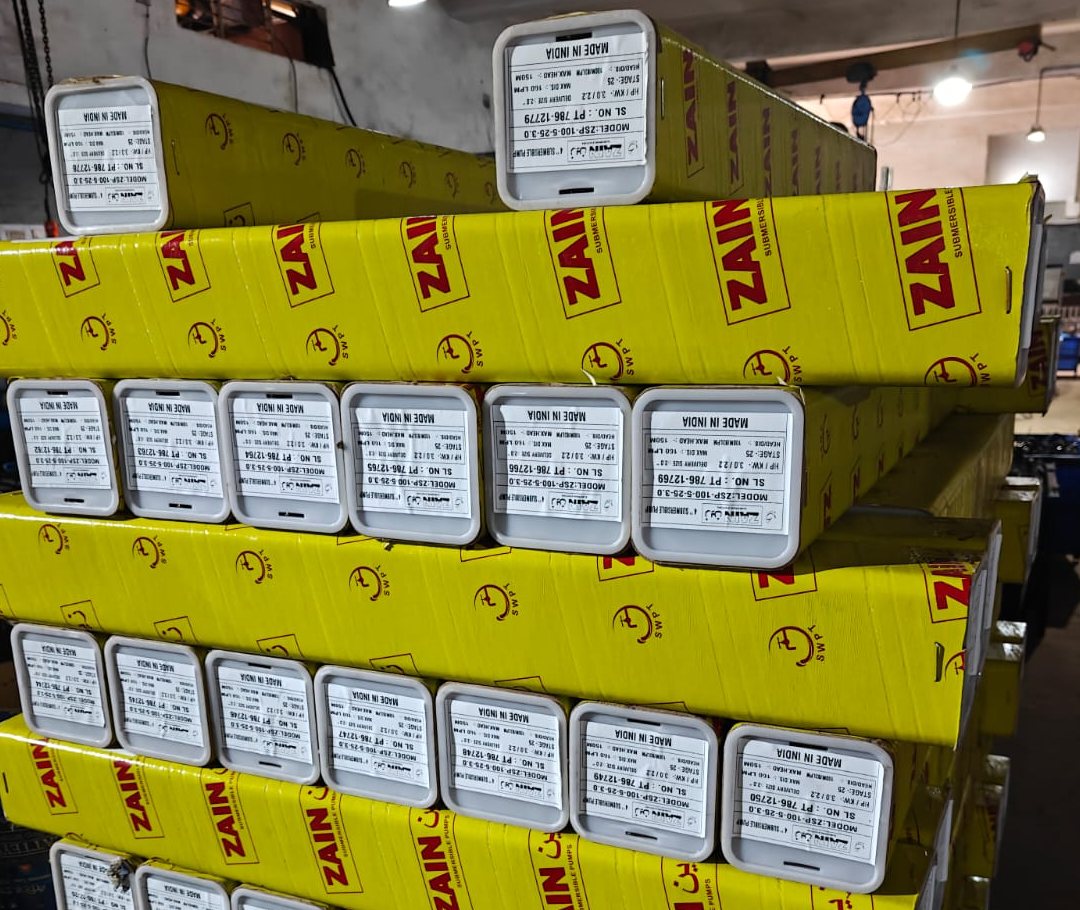 Pallet of boxed Zain submersible pumps held in stock